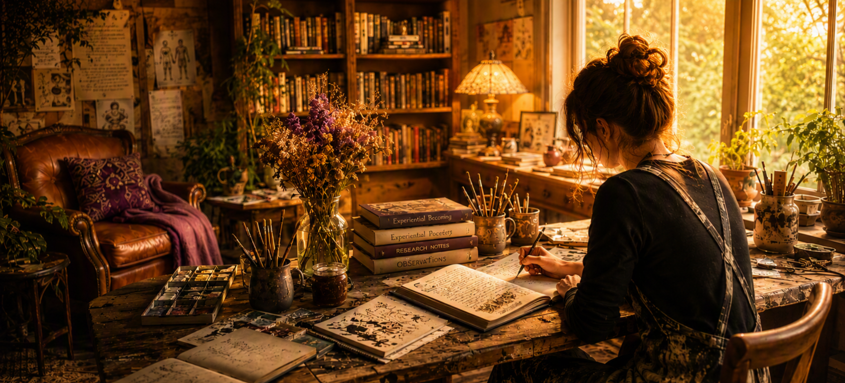 A practitioner writing in a journal in a sunlit study